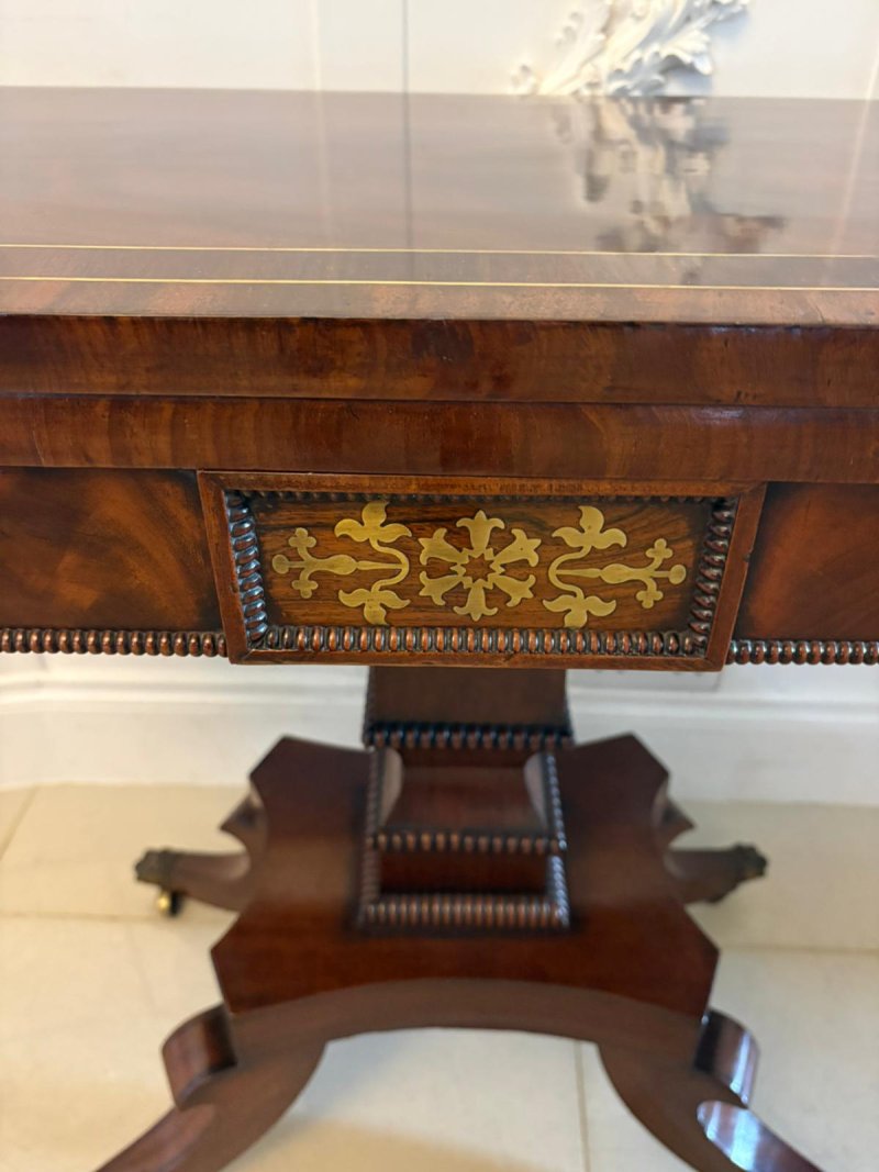 Antique English Regency Mahogany Brass Inlaid Fold Over Console Card Table - Image 9